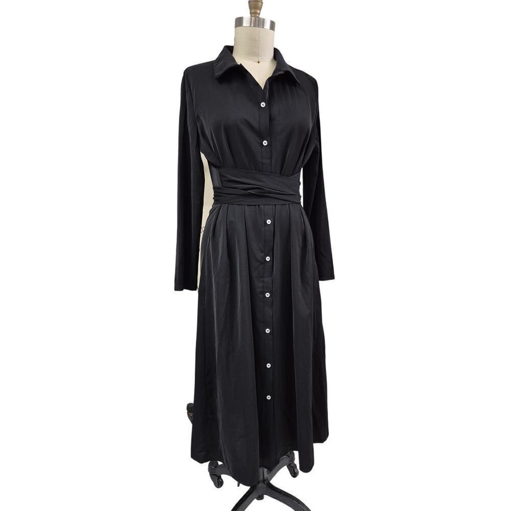 NWT Bebreez Chic 100% Polyester Shirt Dress Sash Tie Waist Black Sz L